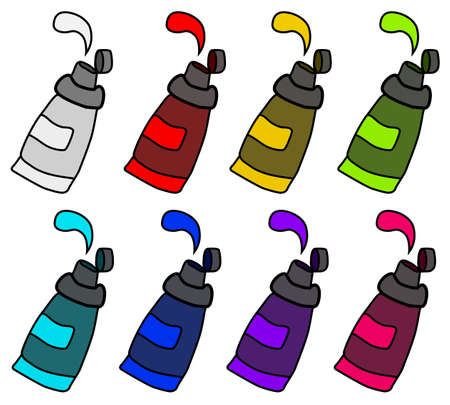 Paint tubes cartoon design element set color, isolated vector, over white, cut out, horizontalのイラスト素材