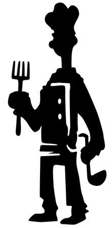 Cook with fork and ladle, cartoon figure silhouette stencil black, vector illustration, vertical, over white, isolatedのイラスト素材