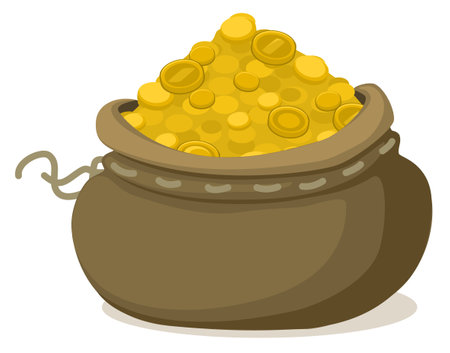 Treasure sack with gold coins cartoon color vector illustration, horizontal, over white, isolatedのイラスト素材