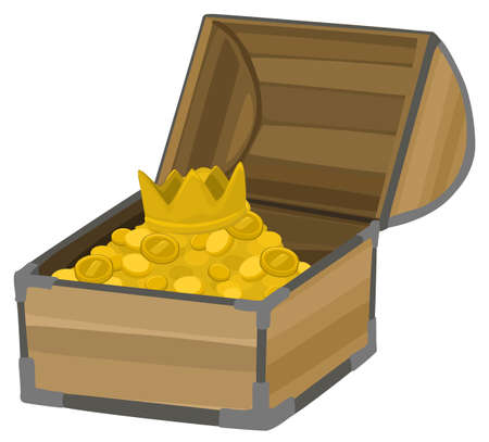 Treasure chest with gold coins and crown, cartoon color vector illustration, horizontal, over white, isolatedのイラスト素材