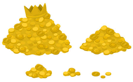Treasure piles with gold coins cartoon design element set color, isolated vector, over white, cut out, horizontalのイラスト素材