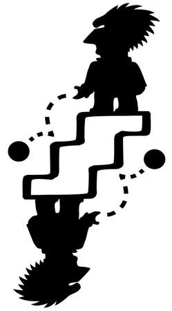 Stairs drop bounce surreal gravity physics experiment figure silhouette stencil black, vector illustration, vertical, over white, isolatedのイラスト素材