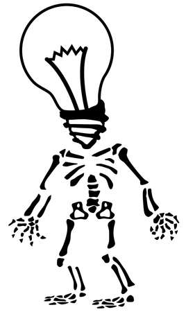 Skeleton with light bulb head figure silhouette stencil black, vector illustration, vertical, over white, isolatedのイラスト素材