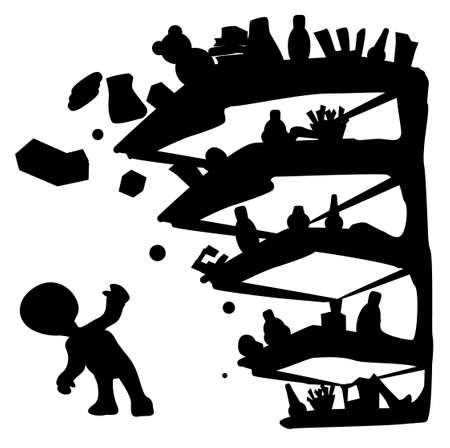 Shop shelves falling goods hazard figure silhouette stencil black, vector illustration, horizontal, over white, isolatedのイラスト素材