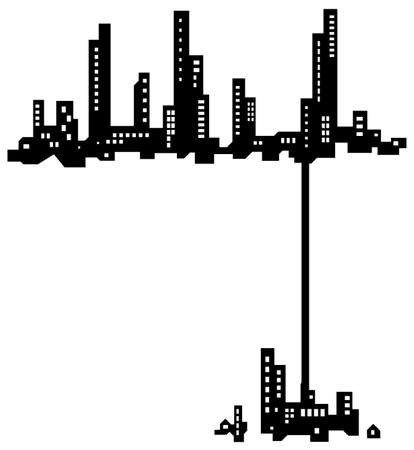 Skyline city offshoot silhouette outline black, vector illustration, horizontal, over white, isolatedのイラスト素材