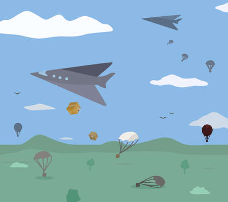 Delivery shipment air dropping cartoon color vector illustration, horizontalのイラスト素材