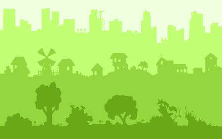 Nature village city outlines green background cartoon color vector illustration, horizontalのイラスト素材