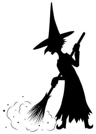 Old witch sweeping with broomstick figure silhouette stencil black, vector illustration, vertical, over white, isolatedのイラスト素材
