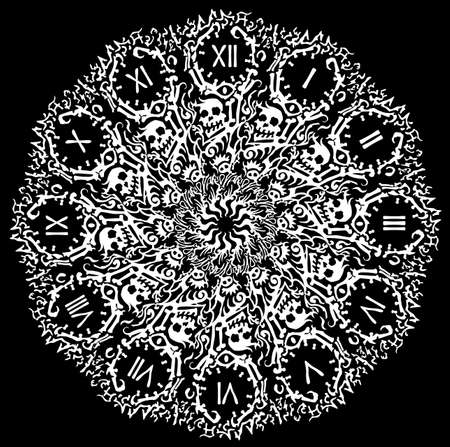 Clock face, skeleton bones abstract design decorative pattern white over black, vector illustration, horizontal, isolatedのイラスト素材
