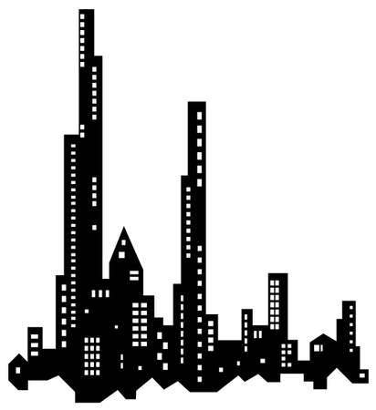 Skyline city fragment silhouette outline black, vector illustration, horizontal, over white, isolatedのイラスト素材