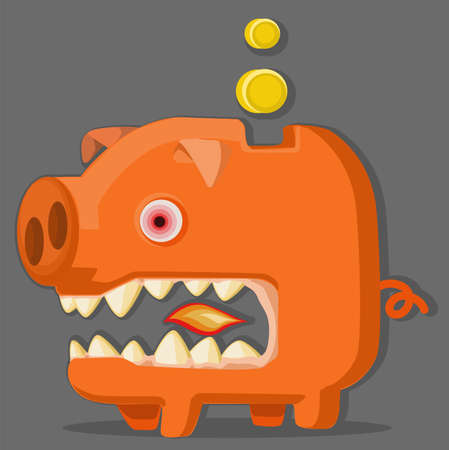 Rabid crazy wild piggy bank cartoon color vector illustration, horizontalのイラスト素材