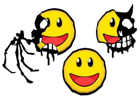 Smile face deceptive mask breaking scary shadow underneath, cartoon color vector illustration design element, horizontal, over white, isolatedのイラスト素材