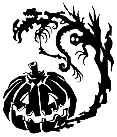 Monster Halloween creature carved pumpkin lantern silhouette stencil black, vector illustration, horizontal, over white, isolatedのイラスト素材