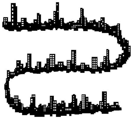 Skyline city long snaking shape silhouette outline black, vector illustration, horizontal, over white, isolatedのイラスト素材