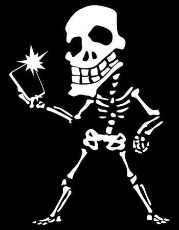 Skeleton taking selfie photograph, outline white, vector illustration, vertical, over black, isolatedのイラスト素材