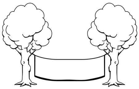 Banner empty stretched between two trees cartoon line drawing, vector, horizontal, black and white, isolatedのイラスト素材