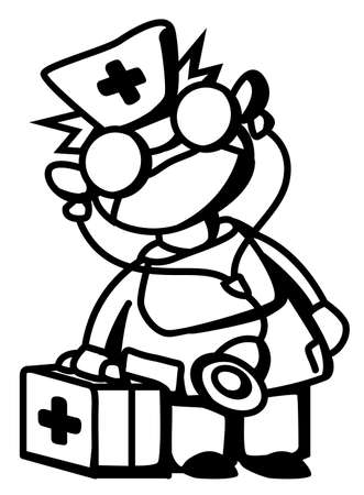 Doctor emergency response medic cartoon character line drawing, vector, vertical, black and white, isolatedのイラスト素材