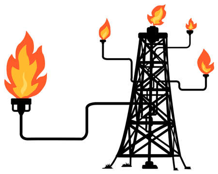 Oil fire rig with many pipes burning surreal cartoon color vector illustration, horizontal, over white, isolatedのイラスト素材