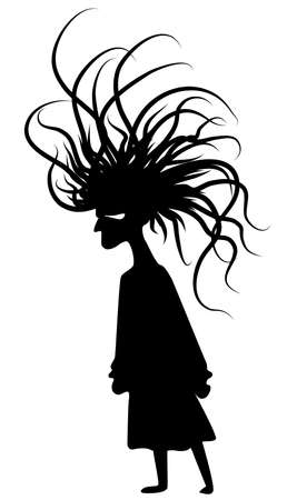 Hairstyle woman bad hair side walking figure silhouette funny cartoon black, vector illustration, vertical, over white, isolatedのイラスト素材