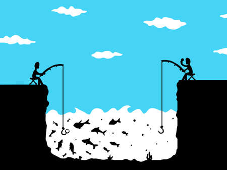 Fishing envy scene silhouette cartoon black and color, vector illustration, horizontalのイラスト素材