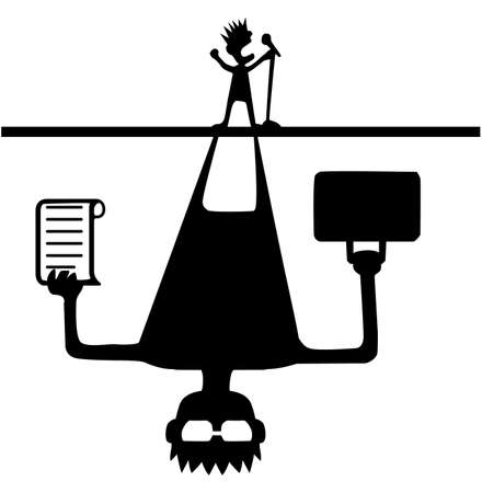 Music promoter manager shadow looming over singer performer cartoon character black silhouette, vector illustration, vertical, isolated, over whiteのイラスト素材