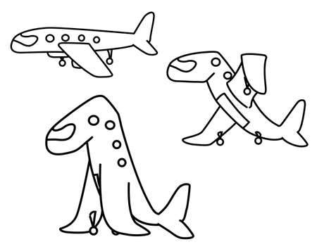 Airplane changing into animal cartoon line drawing, vector, horizontal, black and white, isolatedのイラスト素材