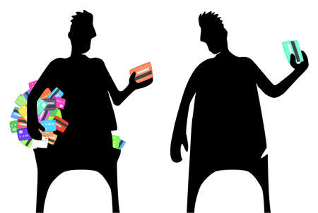 Credit card collector silhouette figure offering another, vector cartoon color illustration horizontalのイラスト素材