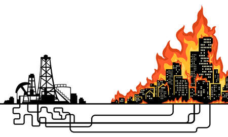 City fire fueled by oil pipes underground from industrial rig cartoon color vector illustration, horizontalのイラスト素材