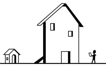 Facade fake big house small real shack behind cartoon line drawing, vector, horizontal, black and whiteのイラスト素材