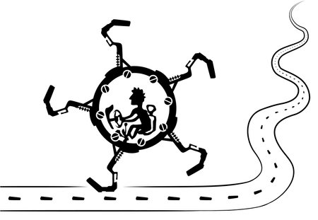 Walking robotic legs round wheel vehicle driving along road cartoon line drawing, vector, horizontal, black and whiteのイラスト素材