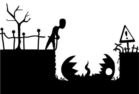 Pitfall Halloween monster scene silhouette cartoon black, vector illustration, horizontal, over whiteのイラスト素材