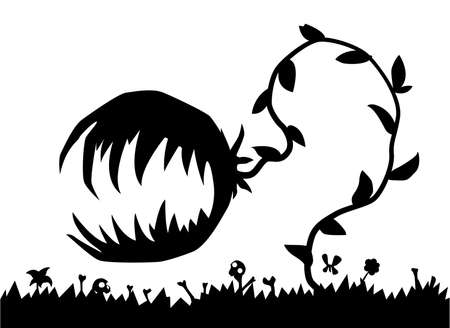 Evil predatory plant Halloween monster scene silhouette cartoon black, vector illustration, horizontal, over whiteのイラスト素材