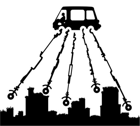 Car driving over rough terrain using extended long wheels scene silhouette cartoon black, vector illustration, horizontal, over whiteのイラスト素材