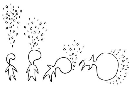 Figure head filling with data until collapsing under weight four steps cartoon line drawing, vector, horizontal, black and white, isolatedのイラスト素材