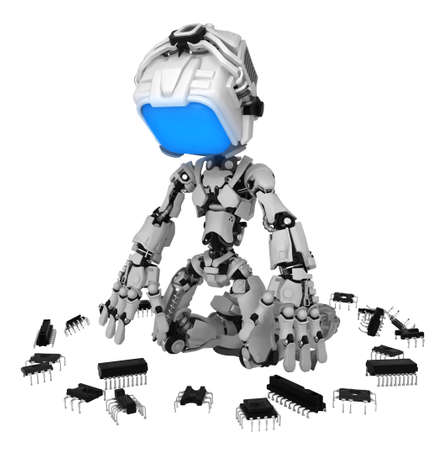 Screen robot figure character kneeling inside microchip bit elements circle, 3d illustration, horizontal, isolatedの写真素材