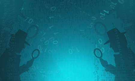Cyberspace detective shadow figures with empty space between, blue color, virtual reality abstract 3d illustration, horizontalの写真素材