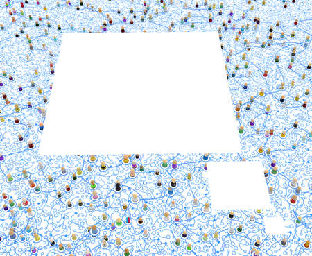 Crowd of small symbolic 3d figures system linked by blue lines, empty white squares copy space, horizontalの写真素材