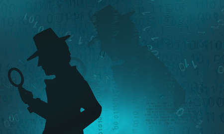 Cyberspace detective shadow figure with empty space behind back, blue color, virtual reality abstract 3d illustration, horizontalの写真素材
