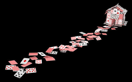 Cards house game gambling abstract approach path, 3d illustration, vertical, over black, isolatedの写真素材