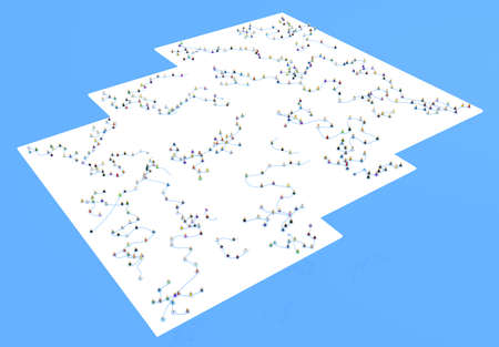Crowd of small symbolic 3d figures system linked by blue lines, sparse low density levels, horizontalの写真素材