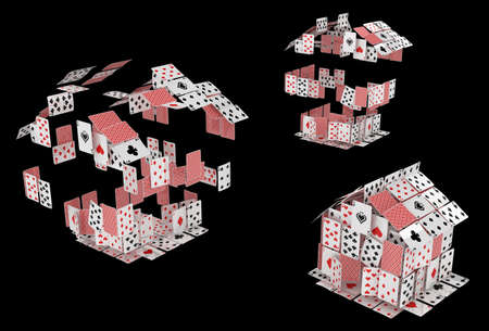 Cards house game gambling abstract exploding structure steps, 3d illustration, vertical, over black, isolatedの写真素材