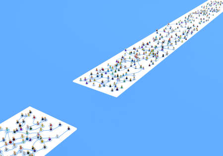 Crowd of small symbolic 3d figures system linked by blue lines, road break gap, horizontalの写真素材