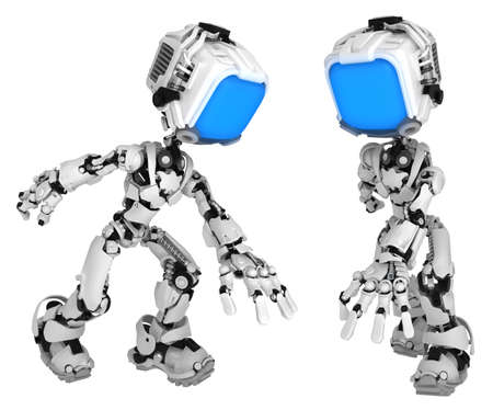 Screen robot figure character pose reaching downwards, front and side, 3d illustration, horizontal, isolatedの写真素材