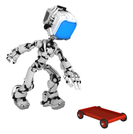 Screen robot figure character pose with small red cart, 3d illustration, horizontal, isolatedの写真素材