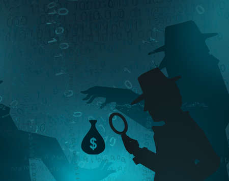 Cyberspace detective shadow figure scrutinizing bribe, blue color, virtual reality abstract 3d illustration, horizontalの写真素材
