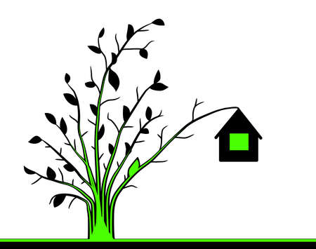 House fruit branch ecological green scene silhouette cartoon black and color, vector illustration, horizontalのイラスト素材