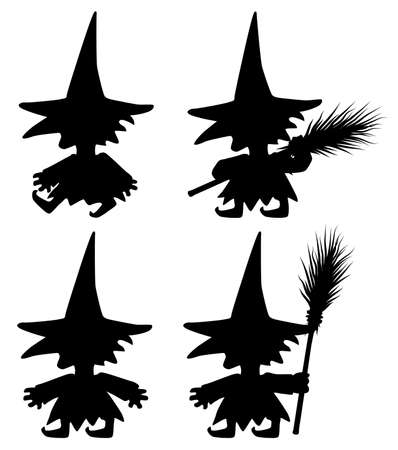 Witch short height with broomstick figure silhouette stencil black characters pose set, vector illustration, vertical, over white, isolatedのイラスト素材