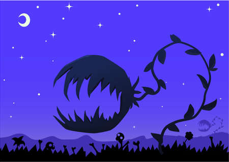 Evil predatory plant Halloween monster night scene cartoon, vector illustration, horizontalのイラスト素材