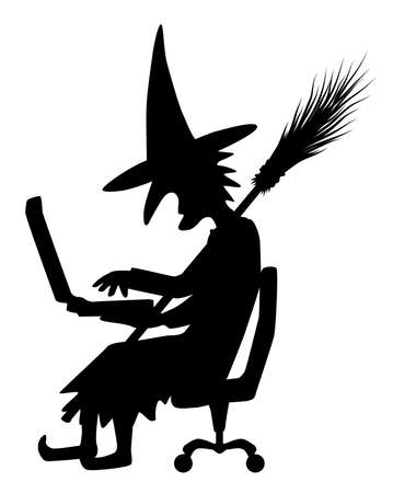 Witch with laptop and broomstick, sitting using computer figure silhouette stencil black, vector illustration, vertical, over white, isolatedのイラスト素材