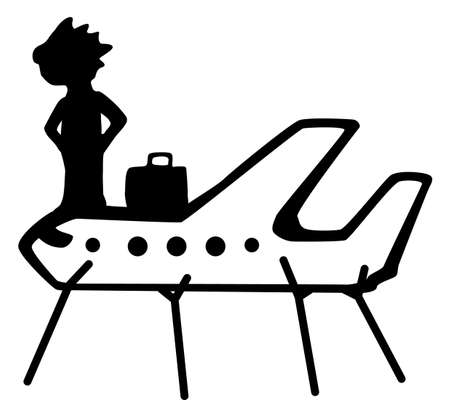 Airplane popped supported by sticks, passenger with luggage on top, symbol black, vector illustration, horizontal, isolatedのイラスト素材